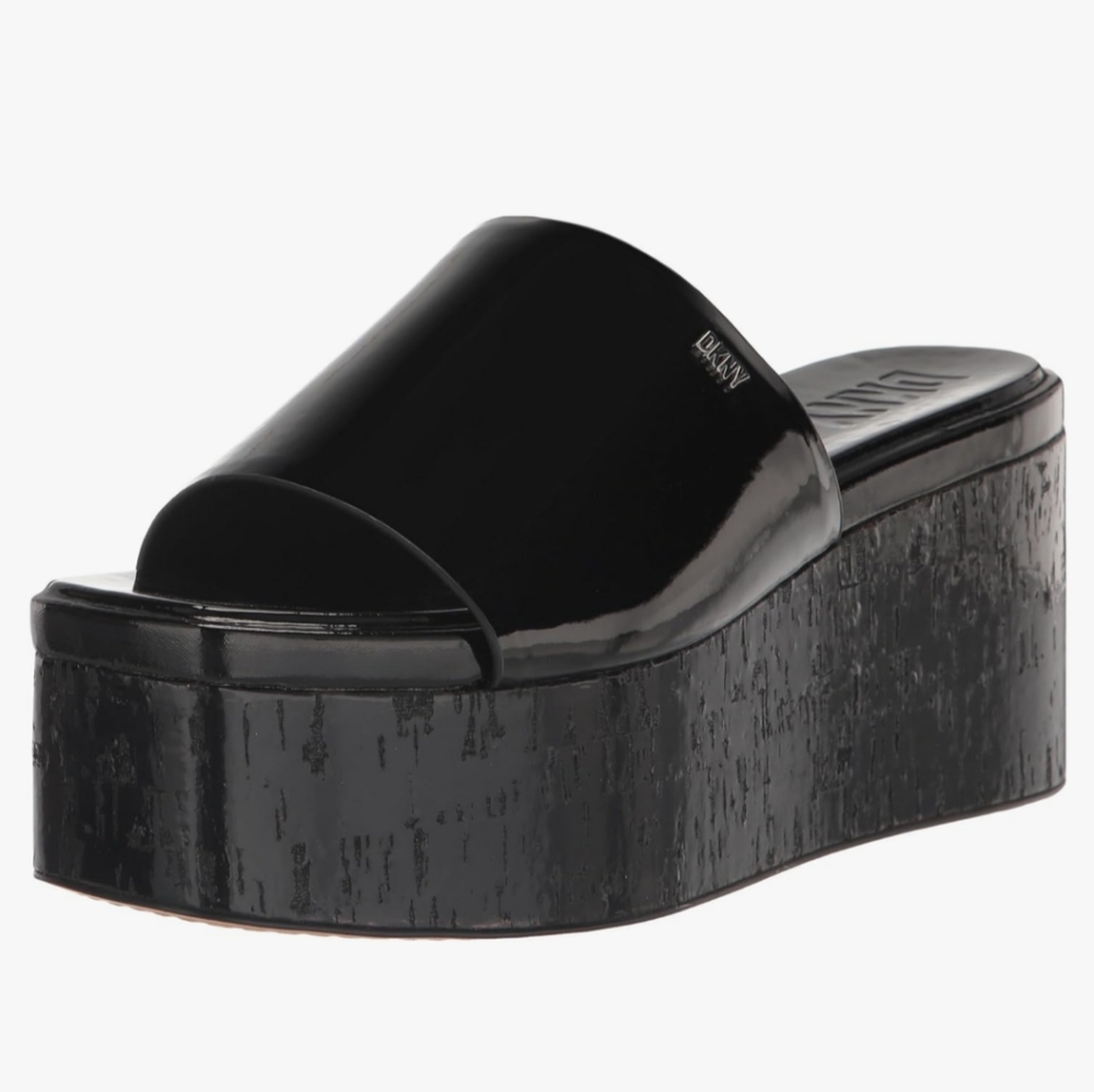 Adalira DKNY black platform patent slide wedge sandal New Donna Karan Shoes 8.5